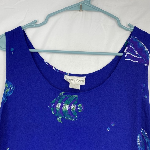 Connie Choi Womens Medium Sleeveless Maxi Dress Blue Fish Seashell Print Vintage - Picture 7 of 11